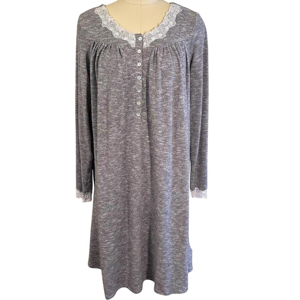 Eileen West Gray Knit Midi Nightgown Grannycore Cottagecore LS Lace sz S EUC!